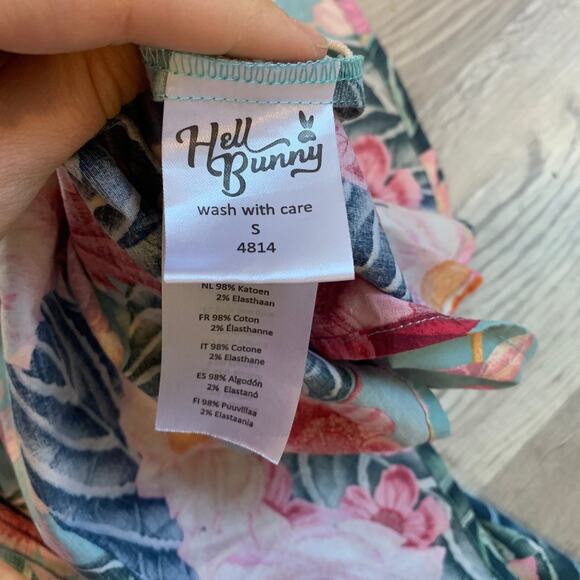 Hell Bunny Retro Tropical Floral Fit and Flare Dress Blue Pink Size S - Picture 6 of 9